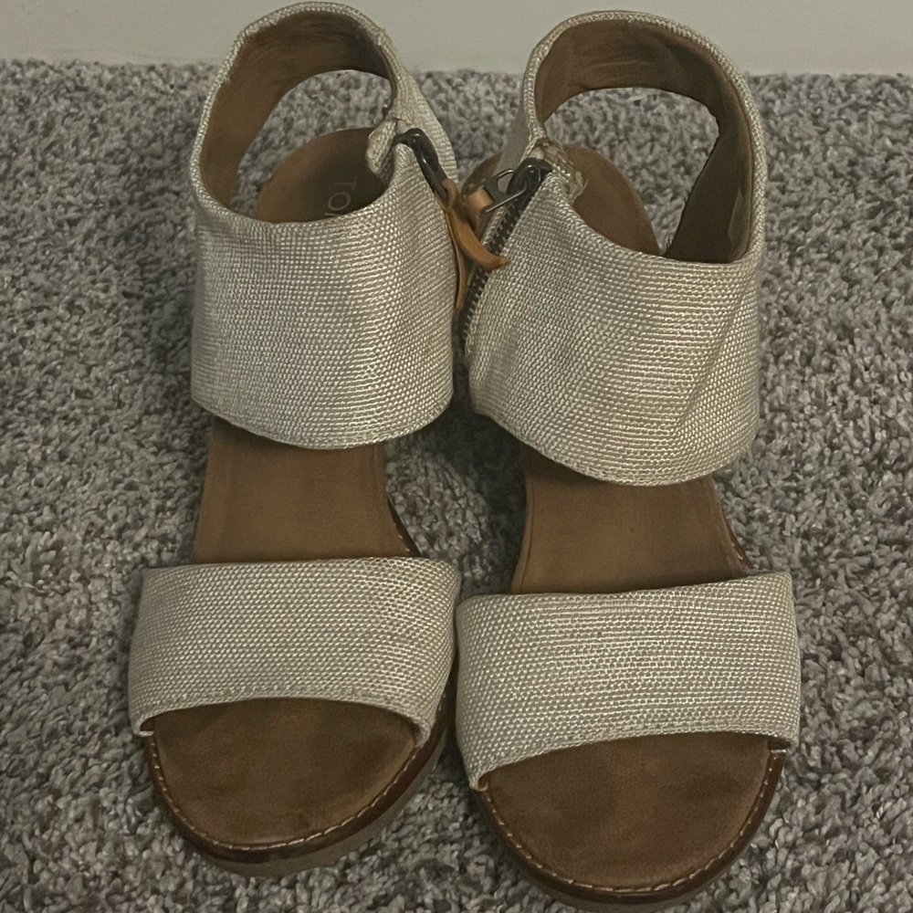 Toms Metallic Silver Beige Two-Strap Sandals